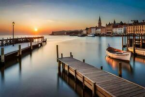 photo wallpaper the sky, water, sunset, boats, pier, europe, croatia. AI-Generated