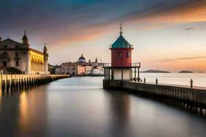 a red lighthouse sits on the water next to a dock. AI-Generated photo