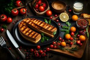grilled cheese sandwich with tomatoes and herbs on a black plate. AI-Generated photo