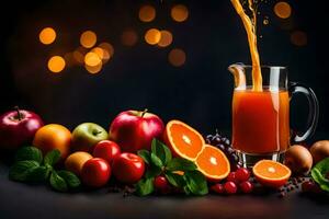 juice being poured into a pitcher of fruit. AI-Generated photo