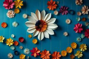 a wall with paper flowers hanging from it. AI-Generated photo