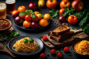 spaghetti, tomatoes, bread and other foods are arranged on a table. AI-Generated photo