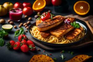 grilled tofu with noodles and vegetables on a black background. AI-Generated photo
