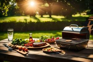 a grill on a wooden table with food and drinks. AI-Generated photo