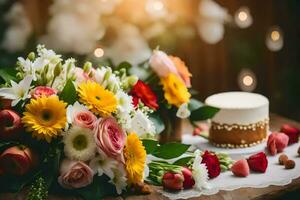 un ramo de flores de flores y un pastel en un mesa. generado por ai foto