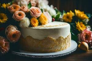 un blanco pastel con flores en cima. generado por ai foto