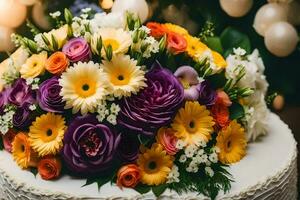 a wedding cake with colorful flowers on top. AI-Generated photo