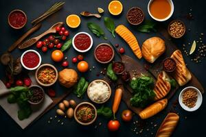 various foods and ingredients are arranged on a table. AI-Generated photo
