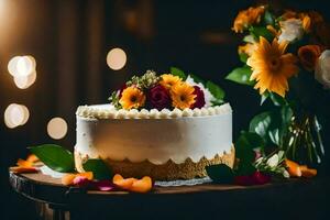 a white cake with flowers on top. AI-Generated photo