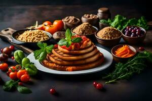 a stack of pancakes on a plate with vegetables and other ingredients. AI-Generated photo