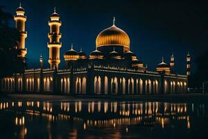 a mosque lit up at night with its reflection in the water. AI-Generated photo