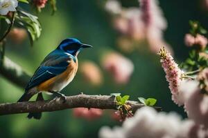 a blue and orange bird sits on a branch. AI-Generated photo