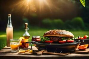 a burger is sitting on a grill in front of a picnic table. AI-Generated photo