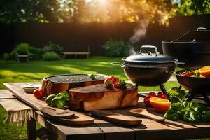 barbacoa parrilla con carne, vegetales y Fruta en un mesa. generado por ai foto