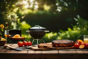 grilled steak and vegetables on a table in the garden. AI-Generated photo