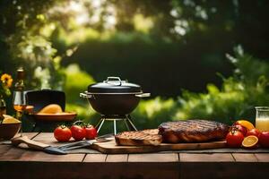 A la parrilla filete y vegetales en un mesa en el jardín. generado por ai foto