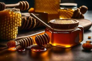 honey and honeycomb on a dark background. AI-Generated photo