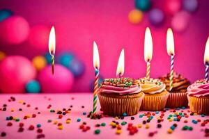 birthday candles on cupcakes with colorful sprinkles. AI-Generated photo