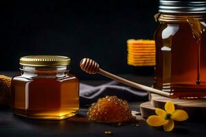 honey and honeycomb on a dark background. AI-Generated photo