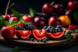 fresh fruits on a wooden cutting board. AI-Generated photo