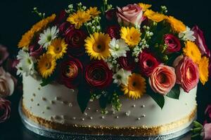 a cake with flowers on top of a black background. AI-Generated photo