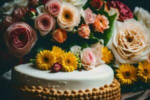 a white cake with flowers on top. AI-Generated photo