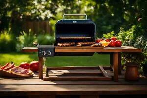 a barbecue grill on a table with vegetables and meat. AI-Generated photo