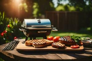 parrilla con carne y vegetales en un de madera mesa. generado por ai foto