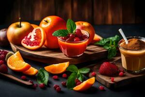 fresh fruit and juice on a wooden board. AI-Generated photo