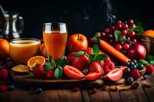 fresh fruits and juices on a wooden table. AI-Generated photo