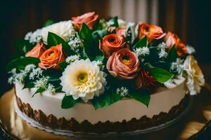 un pastel con blanco y naranja flores en cima. generado por ai foto