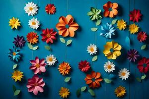 vistoso papel flores colgando desde instrumentos de cuerda en un azul pared. generado por ai foto