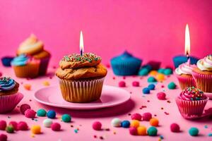 birthday cake with candles on a pink background. AI-Generated photo