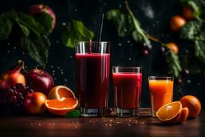 a glass of juice with oranges, apples and grapes. AI-Generated photo