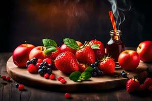 fresh berries and a bottle of syrup on a wooden table. AI-Generated photo