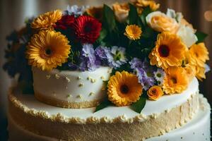 a wedding cake with colorful flowers on top. AI-Generated photo