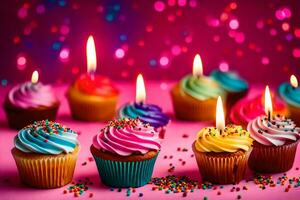 many colorful cupcakes with candles on a pink background. AI-Generated photo