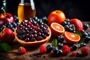 a variety of fruits and berries are arranged on a table. AI-Generated photo