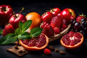 fresh fruits and vegetables on a black background. AI-Generated photo