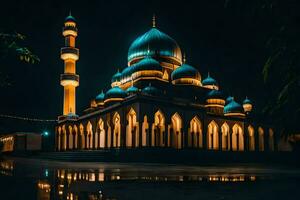 the mosque at night with its lights on. AI-Generated photo