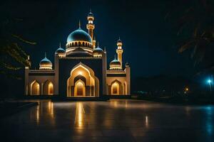 un mezquita iluminado arriba a noche con un ligero brillante en él. generado por ai foto