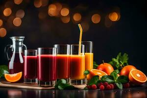 a variety of juices and fruits on a table. AI-Generated photo