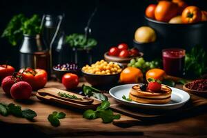 pancakes, fruit and vegetables on a table. AI-Generated photo