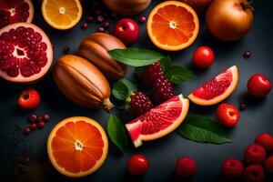 various fruits and vegetables are arranged on a black background. AI-Generated photo