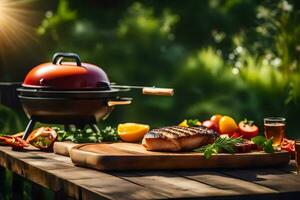 grill with vegetables and meat on a table. AI-Generated photo