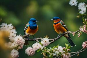 dos aves sentado en un rama con flores generado por ai foto