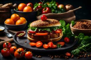 a sandwich with tomatoes, lettuce and other vegetables. AI-Generated photo