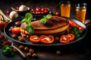 grilled cheese sandwich on a plate with tomatoes, basil and other ingredients. AI-Generated photo