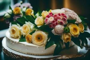 a wedding cake with yellow and pink flowers. AI-Generated photo