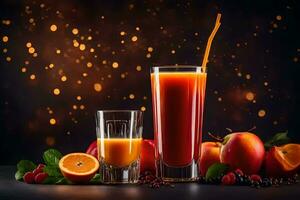 a glass of juice and fruit on a dark background. AI-Generated photo